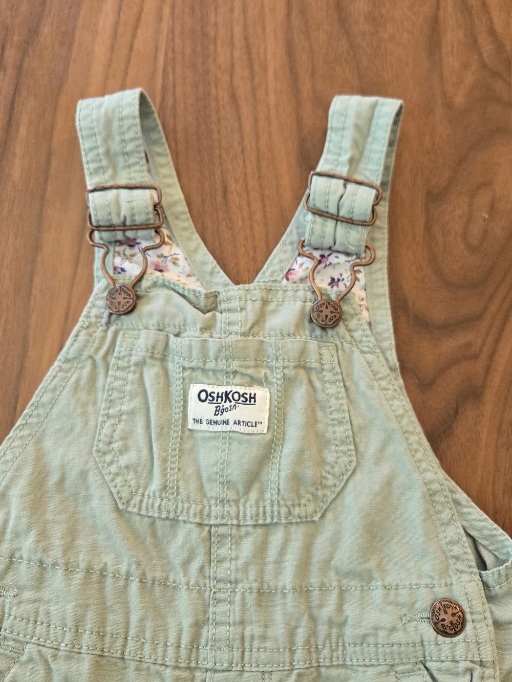 OshKosh B'gosh Sage Green Canvas Overalls Floral Trim 18M